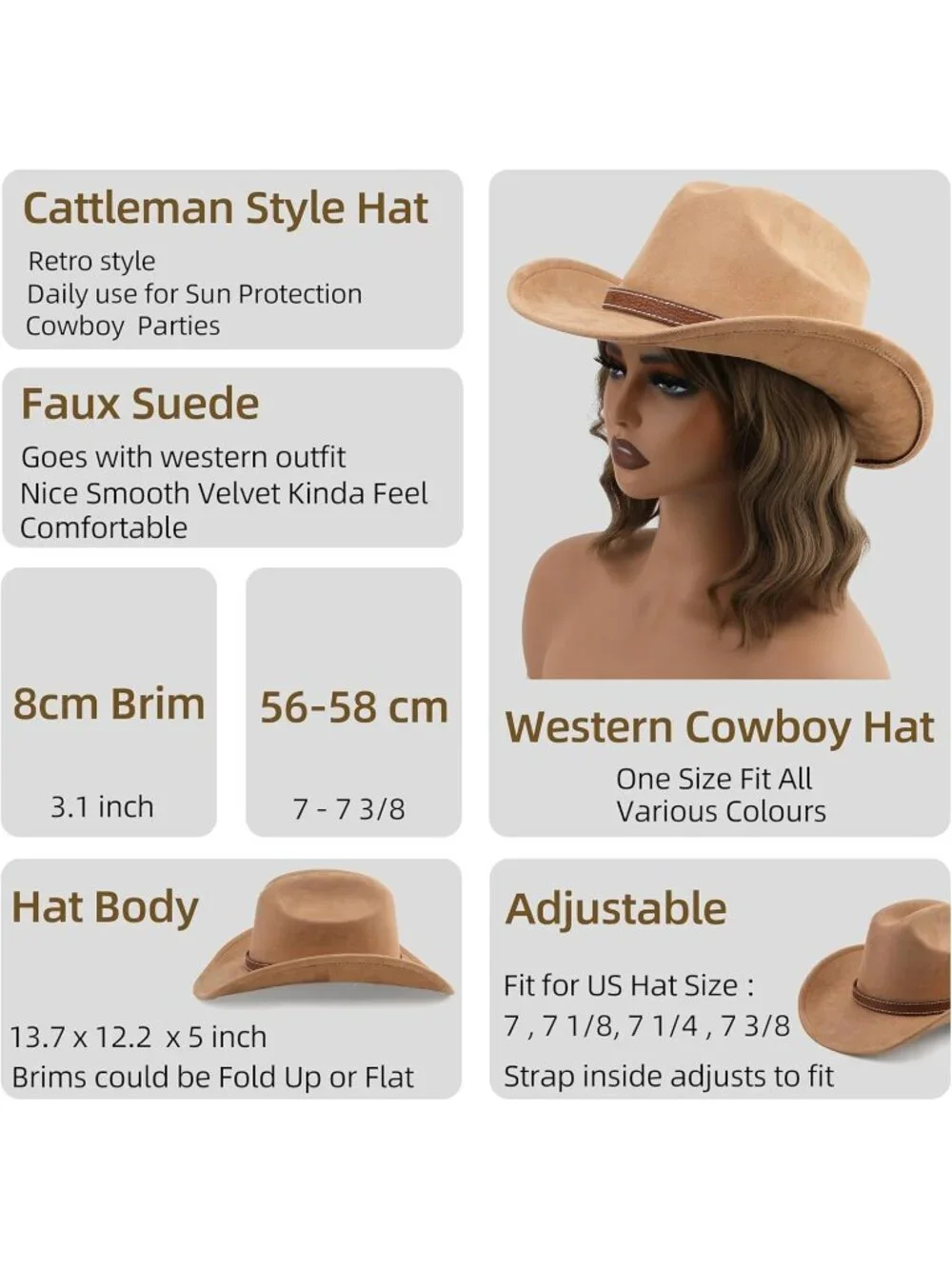 Kids Camel Pull-On Western Costume Cowboy Hat with Brown Band